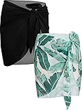Chuangdi 2 Stücke Damen Strand Wickeln Sarong Aufdecken Chiffon Badeanzug Wickelröcke, Schwarz und Weiß (Schwarzes und Grünes Bananenblatt, Kurz)