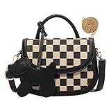 Umhängetasche Damen Klein, Leder Schultertasche Handy Tasche Damen Umhänge mit Kette, Vintage Handtasche mit Handyfach, Schöne City Clutch Crossbody Brieftasche mit Verstellbarer Gurt (Schachbrett)