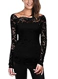 DJT Damen Langarmshirt Bluse mit Tops Floraler Spitze Weg von der Schulter Oben Schwarz XL