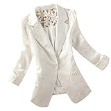 Minetom Damen Blazer Elegant Anzugjacke Mantel mit Knopfleiste Langarm Blazer Sakko Einfarbig Slim Fit Revers Geschäft Büro Jacke Kurz Mantel Anzüge Bolero mit Tasche Weiß 34