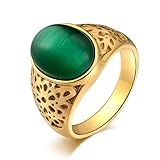 Daesar Edelstahl Ringe für Herren Gold, Männer Ring Personalisiert Grün Oval Opal Ring mit Blume Größe 57 (18.1)