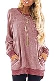 Tophoopp Langarm-Tops für Damen, Rundhalsausschnitt, lässiges langes T-Shirt, Sweatshirt, Pullover, Tunika, Tops mit Taschen, C Pink, 38