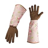 Lange Gartenhandschuhe, schnittfest, langer Unterarmschutz, strapazierfähiges Rindsleder, Arbeitshandschuhe, geeignet zum Beschneiden von Kakteen, Rosen und dornigen Bü