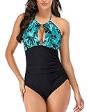 PANAX Damen Badeanzug mit Auffallendem Ausschnitt - Angesagte Swimwear mit vorgeformten Softcups, Shaping-Effekt Raffungen und rafinierten überkreuzten Trägern in Schwarz&Blau, Größe S