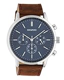 Oozoo Herrenuhr Chrono Look mit Lederband 48 MM Silberfarben/Blau/Cognac C10540