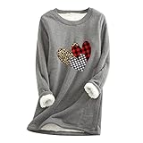 Damen Gefüttert Pullover Weihnachten Sweatshirt Winter Warm Langarm Shirts Sherpa Fleece Oberteile Rundhals Bluse Tops Jumper Weihnachtsmütze Briefdruck Sweater Teddy Fleece L