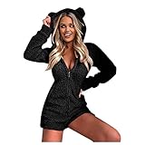 BaZhaHei Damen Jumpsuit Schlafanzug Einteiler Winter Warm Fleece Kuschelig Kurz Schlafoverall Komfortable Hooded Onesie Overall Pyjama Hausanzug mit Kapuze & Reiß