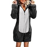 Schlafanzug Damen Farbkontrast Langarm-Kapuzen-Overall-Pyjama Warm Rompe Nachtw