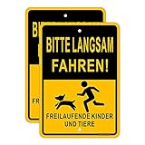 Achtung Kinder Und Tiere Schild,30 x 43 cm,Reflektierendes Aluminium,einfache Montage,UV-Schutz,Wasserdicht,für Innen- Oder Außeneinsatz,2 Stück