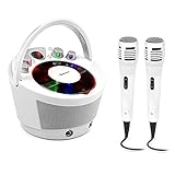 auna SingSing BT Karaoke-Anlage - mobiler Karaoke CD Player mit LED-Display und -Lichteffekten, Bluetooth, Echo-Effekt, Batteriebetrieb, 2 x dynamisches Mikrofon, weiß