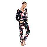 BIBOKAOKE Weihnachts Jumpsuit Schlafanzug Damen mit Kapuze Pyjama Einteiliger Strampler Nachtwäsche mit Reißverschluss und Taschen Nachtwäsche Trainingsanzug Freizeitanzug Overall Hausanzug