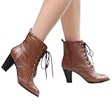 LLDG Damen Stiefeletten High Heel Combat boots mit Blockabsatz Leder Spitze-up Winter Herbst Schnürstiefel Ankle Boots Chelsea Boots Vintage Kurzschaft Boots Plateau Absatz Mode Outdoor B