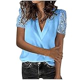 Masrin Damen Chiffon Tops Elegantes einfarbiges T-Shirt Spitze aushöhlen Patchwork Kurzarmhemd Schmale Tunika mit tiefem V-Ausschnitt Bluse in Übergröße(XXXXXL,Himmelblau)