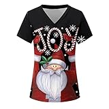 GJKK Weihnachten Krankenhaus Schlupfhemd Bluse Kurzarm V-Neck Weihnachtspulli Kasack mit Ugly Christmas Motiv Bunt Arzt Uniform Berufsbekleidung Krankenschwester Kleidung