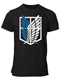 clothinx AOT Scouting Legion 2-Farb Variante Anime und Manga Design mit Titan Aufklärungstrupp Wappen-Schild Perfekt für Cosplay Fans und die nächste Convention Herren T-Shirt Schwarz Gr. L