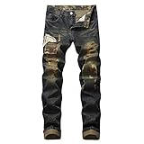 Luandge Herren-Jeans, gewaschen, zerrissen, Patchwork, Camouflage, Trend, Distressed Streetwear, lässige All-Match-Outdoor-Denimhose 30