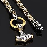 LGYKUMEG Thors Hammer Halskette Wikinger Schmuck Herren Edelstahl Thors Hammer Anhänger Mjölnir Wikinger Halskette Mit Futhark Runen,Gold + Silver,70