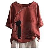 Masrin Damen Tops Vintage Baumwolle Leinen Pullover Sommer Löwenzahn Katze gedruckt T-Shirt Plus Size O-Ausschnitt Kurzarm Lose Tunika Knöpfe Bluse(XXXXL,Z1 Rot)