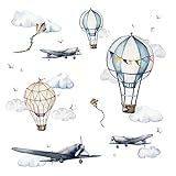 Little Deco Wandsticker Wandtattoo Kinderzimmer Jungen Flugzeug Wandaufkleber Ballon Wolken Heißluftballon Sterne Aquarell Wandbild Kinder DL707-1