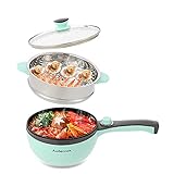 Audecook Elektrische Hot Pot mit Dampfgarer, 1,5 l Elektrische Bratpfanne, Hot Pot Topf 20cm, Antihaft Mini elektropfanne, Multikocher mit Dual Power Control für Wohnheim, Reise, Zuhause - Grü