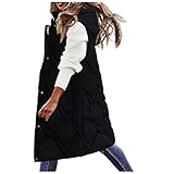 GEU Daunenweste Damen Lang Daunenjacke Winterjacke Warm Weste Jacke mit Kapuze Steppjacke mit Taschen Steppweste Leichte Gesteppte Daunenjacke Steppjacke O