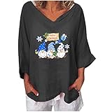 Masrin Vintage Baumwoll Leinen Oberteile Damen Pullover mit Weihnachtszwerg Print Tunika mit V Ausschnitt und Dreiviertelärmeln Übergroße lockere Bluse Herbst Lang