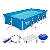 Bestway Steel Pro Gartenpool mit Reiningungsset - Stahlrahmenpool Rechteckig Schwimmbad Blau 400 x 211 x 81 cm mit Reinigung