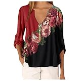 Bluse T-Shirt Frauen Casual Tops Shirt Damen V-Ausschnitt Blumendruck Loses T-Shirt (3XL,1Wein)