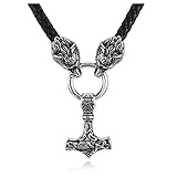 PiercingJak Herren Halskette Thors Hammer Wikinger mit Fenris Wolf Geflochtene Lederkette Edelstahl Mjölnir Keltischer Knoten Anhänger Nodischer Schmuck Amulett, Silber/Schw