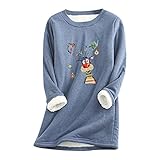 Komiseup Gefüttert Fleece Sweatshirts Damen Lang Dickes Fleece-Sweatshirt Weihnachtselch Drucken Samt Warmer O-Ausschnitt Unterwäsche Pullover Tops Frauen Pyj