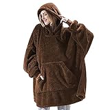 Tragbare Decke Hoodie für Damen und Herren, Decke Sweatshirt mit Kapuze und Ärmeln, super weich warm bequem Plüsch Kapuzendecke, braun, O