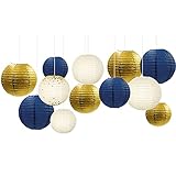 NICROLANDEE Maritimes Partyzubehör – 12 Stück marineblaue und goldfarbene Glitzer-Papierlaternen zum Aufhängen für marineblaue Partys, Geburtstage, Hochzeiten, Brautpartys, Ab