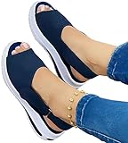 HYISHION Damen Sommer Sandalen Plateau Bequeme Sportstrick-Sandalen für Frauen, 2021 Wedges Lässige Strandschuhe,Blau,EU37
