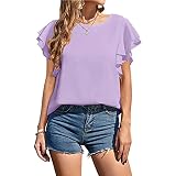 KBUY Damen Bluse Hemdbluse Baumwolle Hemd Rüschen Rundhals Casual Oberteile Hemd Blusen Tops Chiffonhemd Lose Damen Chiffon Hemd Tunika Trompetenärmel Rüsche Kurzarm Elegant Einfarbig Sommer B
