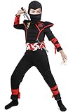 Tacobear Ninja Kostüm Anzug Halloween Kostüm Jungen Ninja Kostüm Kinder Rot Schwarz mit Brustmuskeln Halloween Karneval Kostüm Für Kindern 3-12 Jahre (L(8-10 Jahre))