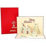 JeoPoom Pop-Up Karte, ​Klappkarten mit Umschlägen, 3D Frohe Weihnachtsgrußkarte, Glückwunschkarte mit Haus Schneemann und Weihnachtsbaum, Geschenkkarte, W