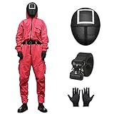 Squid Game Jumpsuit Kostüm, Unisex-Tintenfisch- Maskierter Mann Jumpsuit+ Gürtel+ Handschuhe+ Masken Cosplay Anzug Halloween Party Outfit (Color : B, Size : XS)