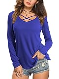Beluring Damen Basic Solide Langarmshirt Lässige Gekreuzter Kragen Tunika T-Shirts Tops Blau L