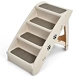 COSTWAY 4-stufige Haustiertreppe mit Teppichboden, Hundetreppe Kunststoff Katzentreppe faltbar, Hunderampe tragbar Tiertreppe für Hunde und Katzen, Tierrampe zum Klettern und Kratzen (Beige)