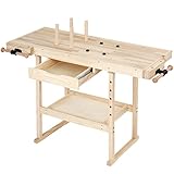 𝗧𝗜𝗠𝗕𝗘𝗥𝗧𝗘𝗖𝗛® Hobelbank - 127 x 58 x 83 cm, aus Holz mit Spannzange, Schraubstock und Schublade, bis 200 kg belastbar - Werkbank, Werktisch, Arbeitsbank, Tischlerbank, Holzwerkbank