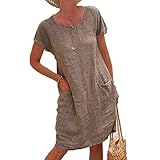 Damen Leinen Große Größen Sommerkleider Einfarbiges Freizeit Lose Übergrößen Midikleid Wickelkleid Rundhals Kurzarm Knielang Bequem Einfach Frauenkleid Vintage Retro Kleid Mit T