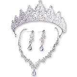 Hochzeit Tiara Hochzeitskrone für Braut mit Ohrring und Kette Prinzessin Königin Diadem Kristall Geburtstag Erwachsene Handgemachter Haarschmuck Krone T