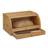 Relaxdays Rollbrotkasten mit Schublade, Bambus, aromadicht, Brotkasten mit Rolldeckel, HxBxT: 21 x 40,5 x 28 cm, Holz,