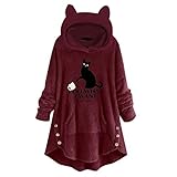 Kobay Damen Winter Mantel Oberteile Elegant Langarmshirt Frauen Fleece Stickerei Katzenohren Knopfsaum Plus Size Hoodie Top Pullover Bluse(Wein, L)