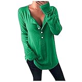 YIWAWQIAN Damen Einfarbig Langarmshirt Einfarbig Entspannt V-Ausschnitt Hemd Jumper Bluse Tops mit Knöpfe (Grün,S)