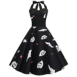 Kleid Damen, Kleid Damen Elegant, Kleider Damen Festlich, Halloween Damen A-Linie Flare Vintage Kleid Halter Bowknot Prom Swing Ärmelloses Print Partyk
