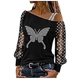 XUNN Damen Tops Printed Strass Schulterfrei Spitze T-Shirt Longshirt Schulterfrei Tshirt Nettogarn Langarm Shirt Bluse Tunika Casual Ob