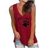 Damen Weste V-Ausschnitt Herz Hund Pfotenabdruck Shirts Sommer lose lässig ärmellose Tanktops Bluse (M,Rot)