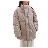 Women's Fashion Jacket Both Sides Wear Down Padded Jacket Loose Solid Color Short Stand-up Collar Winter Jacket (Khaki, XL)