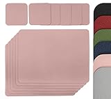 6er Set Ökologisches Leder Tischsets 24x32cm und 6 Getränkeuntersetzer 10x10cm - doppelseitig maschinenwaschbar - knitter- und schmutzabweisend (Pink)